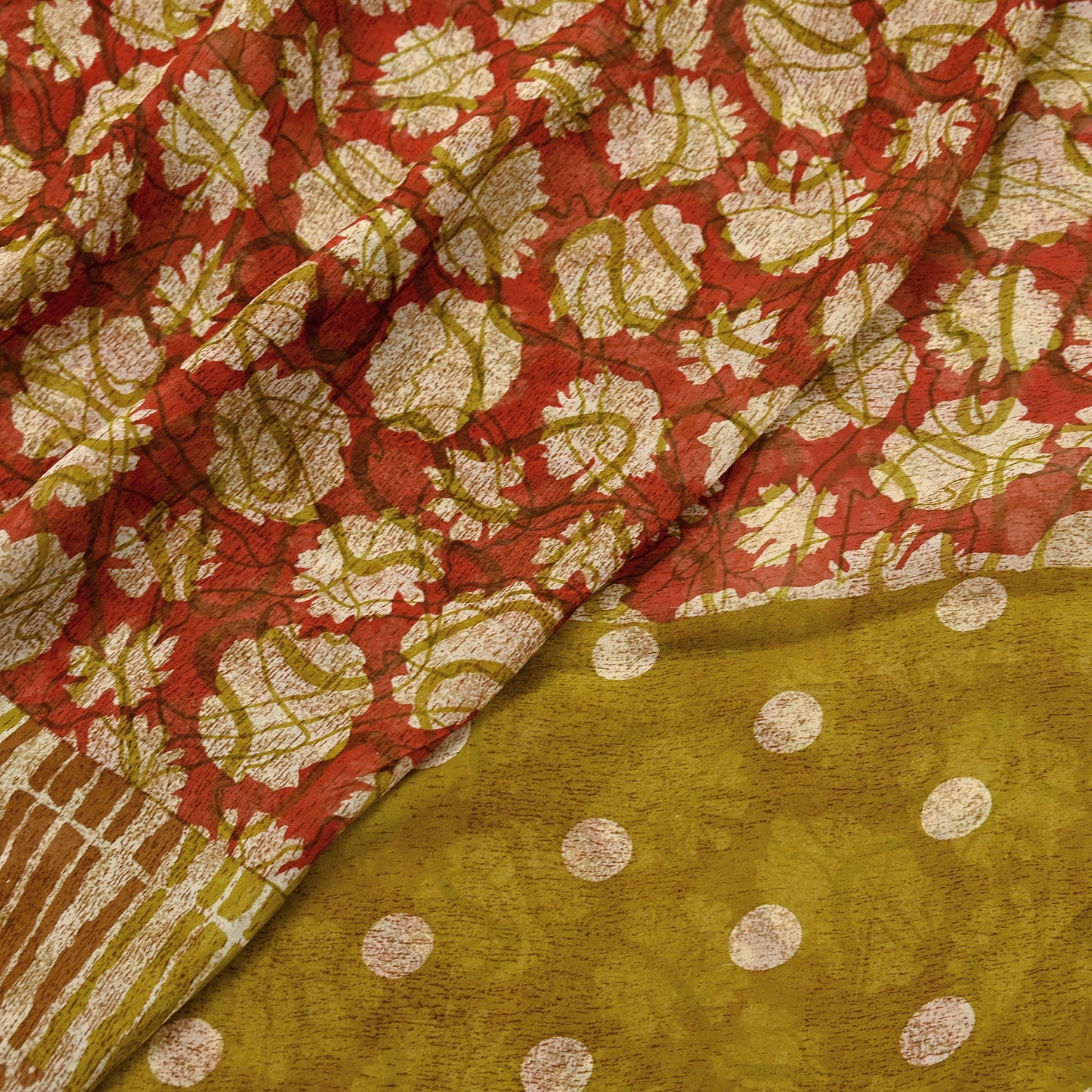 Women Vintage Sari Red & Green 100% Pure Georgette Silk Printed Saree Craft Fabric Sewing 5Yd Soft Sari Dress Making