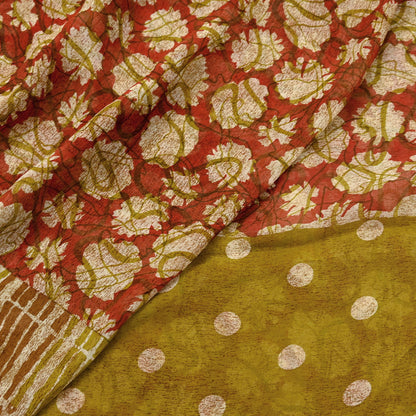 Women Vintage Sari Red & Green 100% Pure Georgette Silk Printed Saree Craft Fabric Sewing 5Yd Soft Sari Dress Making