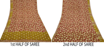 Women Vintage Sari Red & Green 100% Pure Georgette Silk Printed Saree Craft Fabric Sewing 5Yd Soft Sari Dress Making