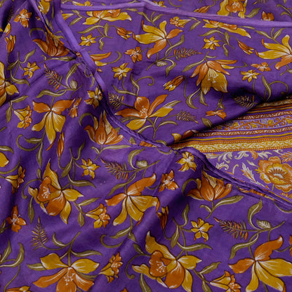 Indian Vintage Purple Pure Silk Printed Saree 5Yards Soft Floral Fabric for Dressmaking, Quilting, Crafting, Sewing & Upcycling