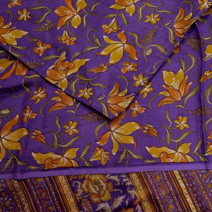 Indian Vintage Purple Pure Silk Printed Saree 5Yards Soft Floral Fabric for Dressmaking, Quilting, Crafting, Sewing & Upcycling