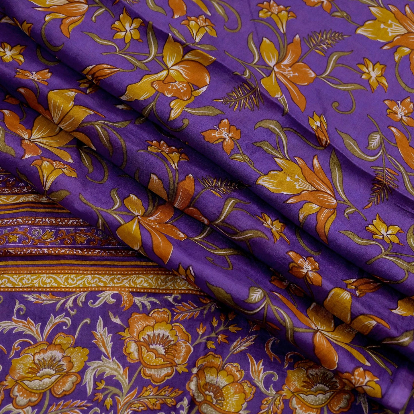 Indian Vintage Purple Pure Silk Printed Saree 5Yards Soft Floral Fabric for Dressmaking, Quilting, Crafting, Sewing & Upcycling
