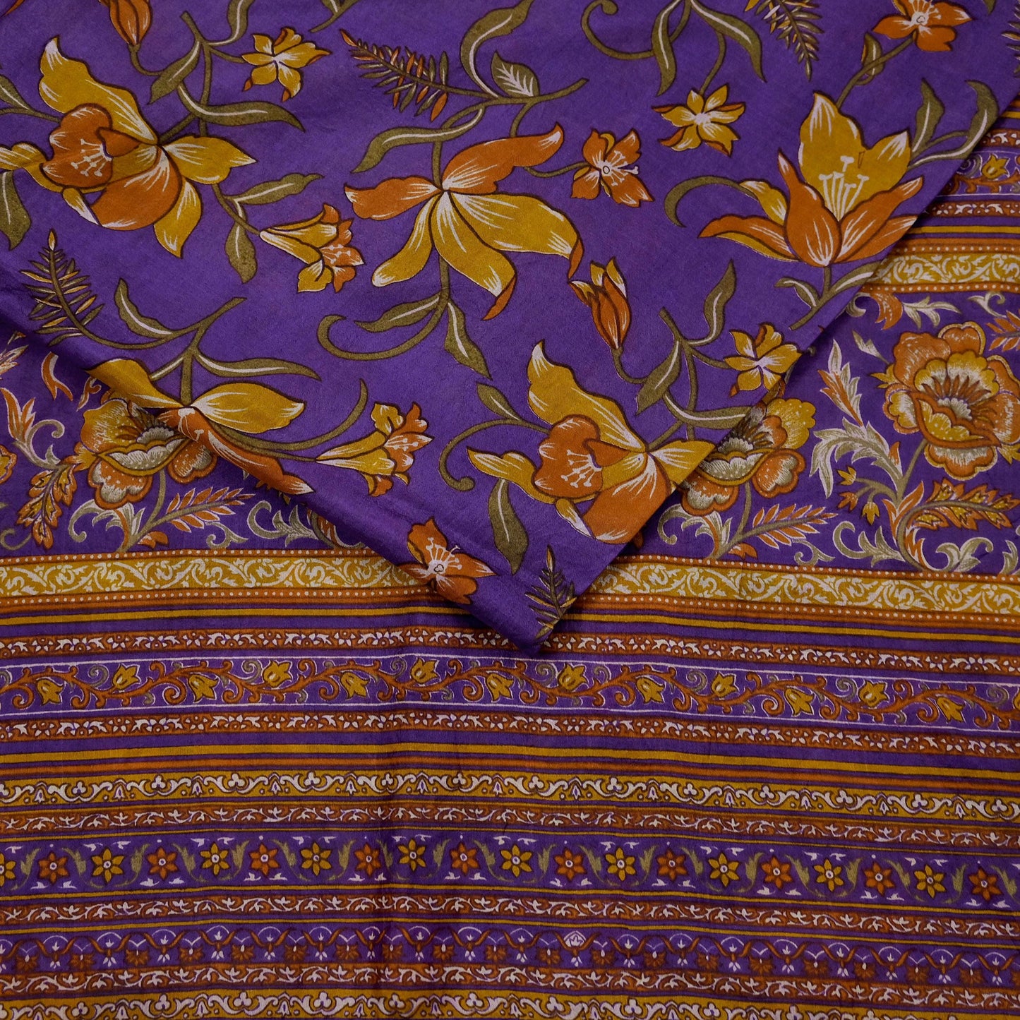 Indian Vintage Purple Pure Silk Printed Saree 5Yards Soft Floral Fabric for Dressmaking, Quilting, Crafting, Sewing & Upcycling