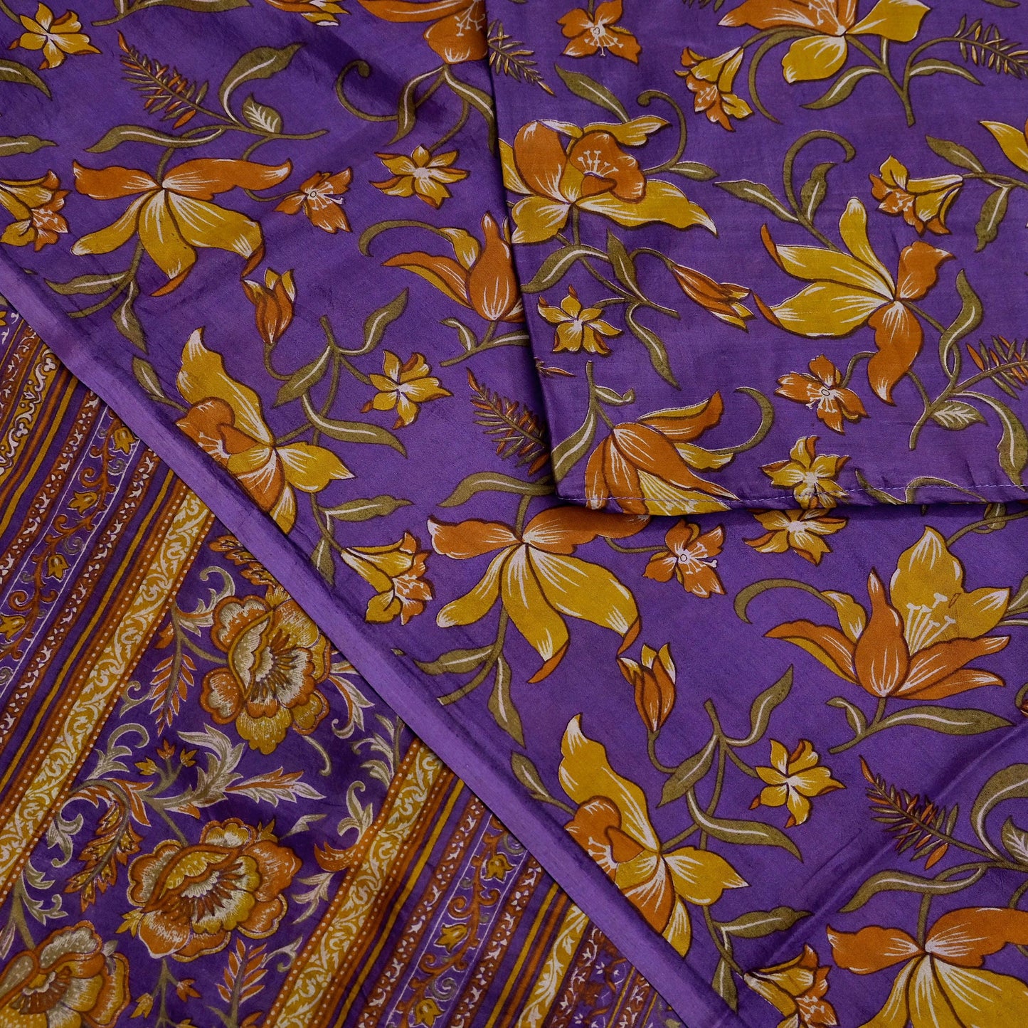 Indian Vintage Purple Pure Silk Printed Saree 5Yards Soft Floral Fabric for Dressmaking, Quilting, Crafting, Sewing & Upcycling