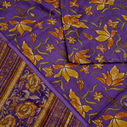 Indian Vintage Purple Pure Silk Printed Saree 5Yards Soft Floral Fabric for Dressmaking, Quilting, Crafting, Sewing & Upcycling
