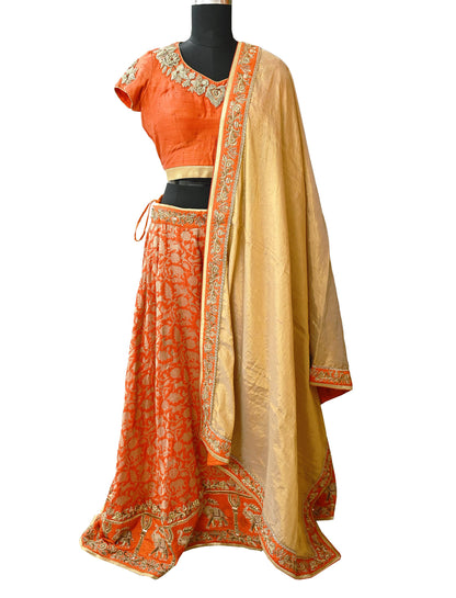 Indian Heavy Orange & Golden Pure Silk Pure Tissue Silk Hand Embroidered Lehenga 3pcs Set Designer By Manish Malhotra Party Wear