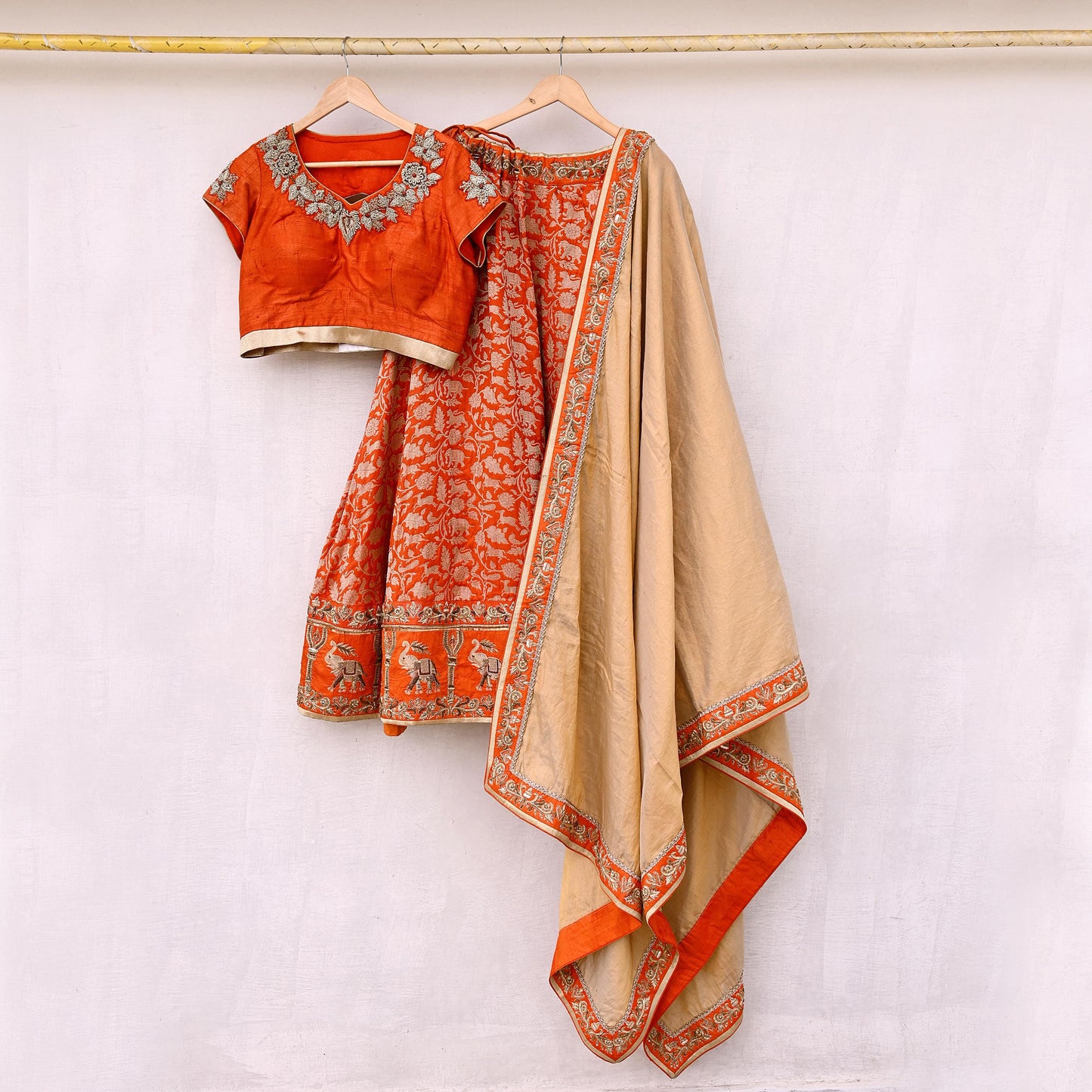 Indian Heavy Orange & Golden Pure Silk Pure Tissue Silk Hand Embroidered Lehenga 3pcs Set Designer By Manish Malhotra Party Wear