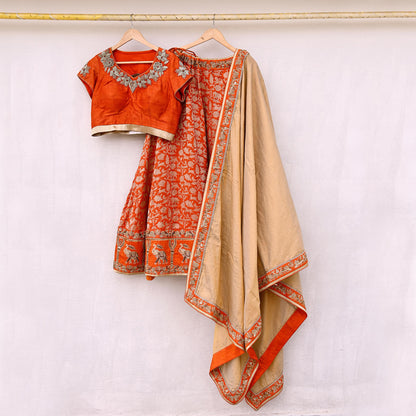 Indian Heavy Orange & Golden Pure Silk Pure Tissue Silk Hand Embroidered Lehenga 3pcs Set Designer By Manish Malhotra Party Wear