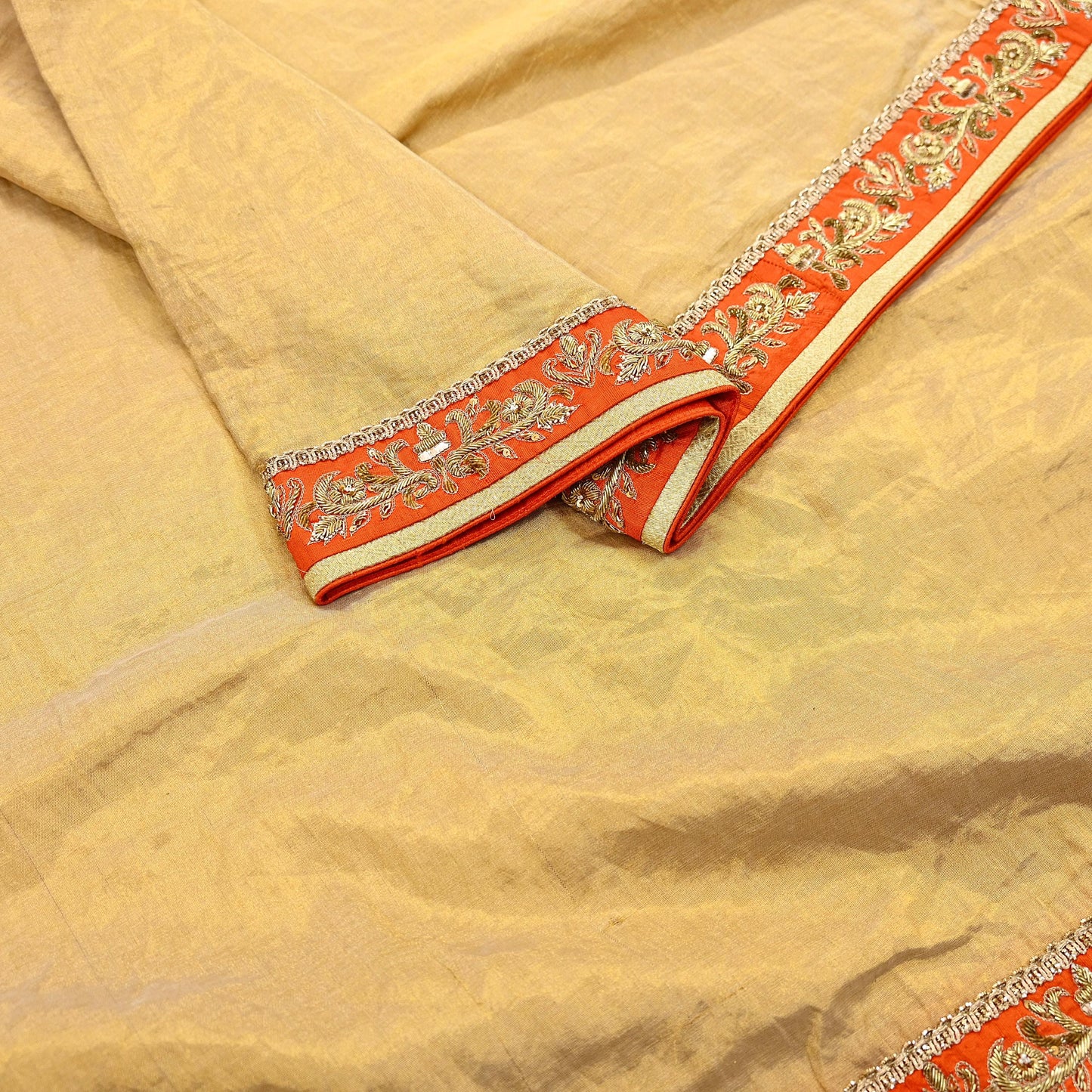 Indian Pre-owned Heavy Golden Pure Tissue Silk Hand Embroidered Dupatta Designer By Manish Malhotra Zardozi Bridal Veil