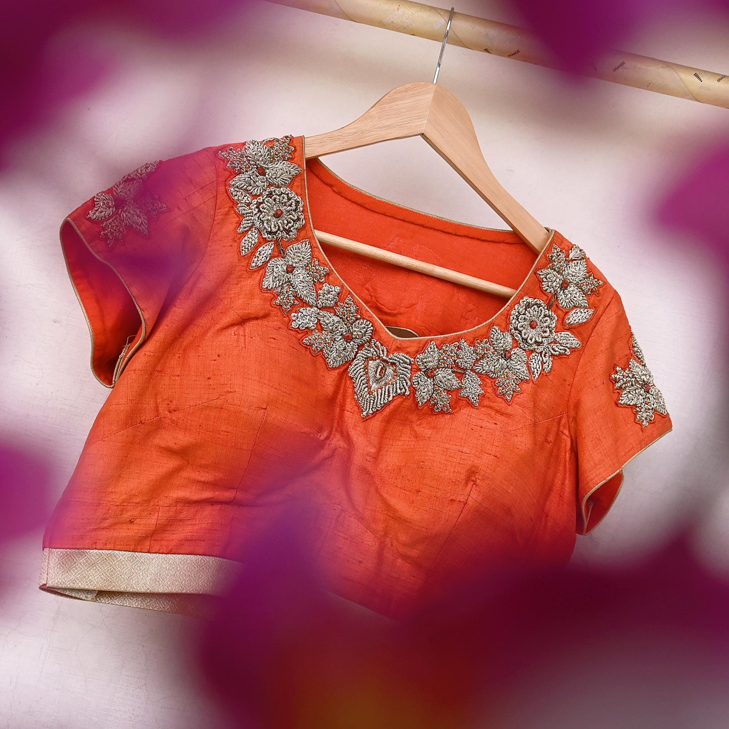 Indian Pre-owned Orange raw silk Hand Embroidered By Designer manish malhotra Padded Blouse/Top/Crop XL Size Party wear Bollywood