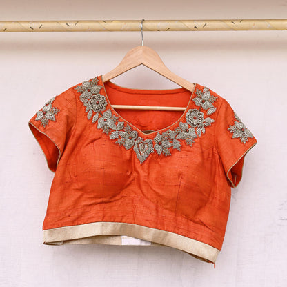 Indian Pre-owned Orange raw silk Hand Embroidered By Designer manish malhotra Padded Blouse/Top/Crop XL Size Party wear Bollywood