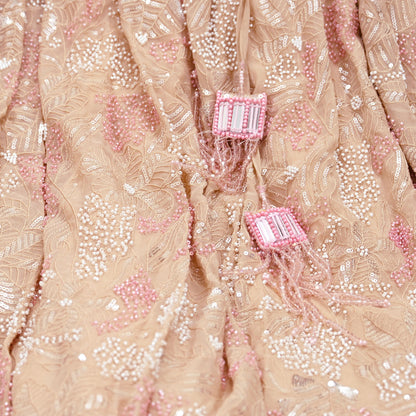 Indian Pre-owned Beige Heavy Pure Georgette silk Hand Embroidered Lehenga/Skirt Designer By Abu Jani Bridal Wear