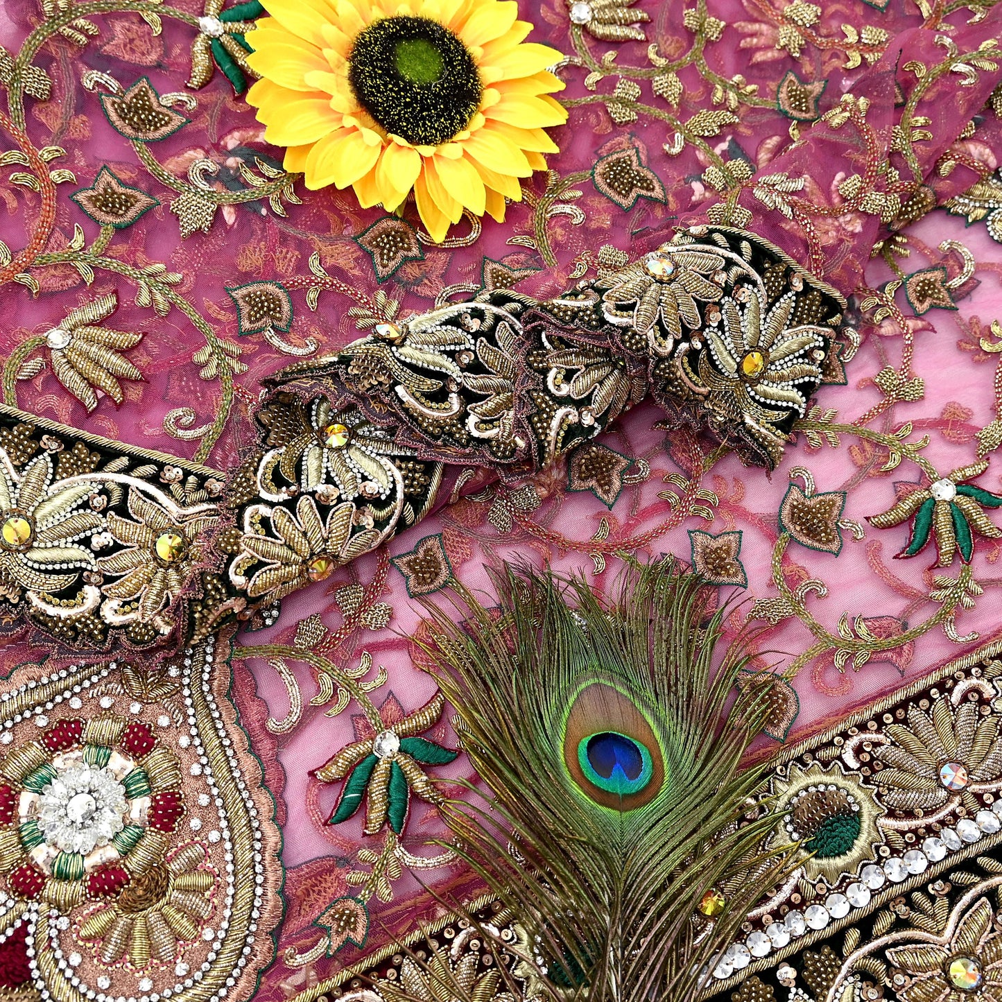 Indian Vintage Heavy Wedding Pink Net/Mesh/ Velvet Hand Embroidered Dupatta Designer By Anamika Khanna Bridal Wear Dabka Zardozi Veil Hijab