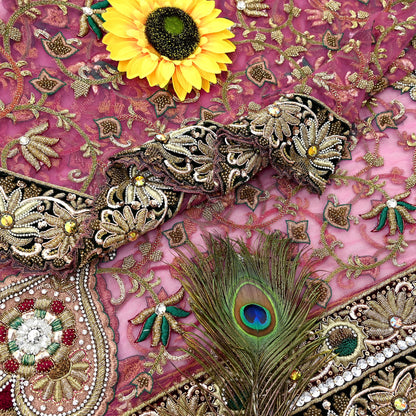 Indian Vintage Heavy Wedding Pink Net/Mesh/ Velvet Hand Embroidered Dupatta Designer By Anamika Khanna Bridal Wear Dabka Zardozi Veil Hijab