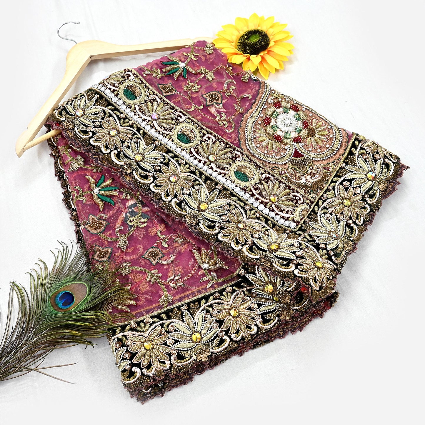 Indian Vintage Heavy Wedding Pink Net/Mesh/ Velvet Hand Embroidered Dupatta Designer By Anamika Khanna Bridal Wear Dabka Zardozi Veil Hijab