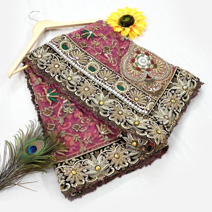 Indian Vintage Heavy Wedding Pink Net/Mesh/ Velvet Hand Embroidered Dupatta Designer By Anamika Khanna Bridal Wear Dabka Zardozi Veil Hijab