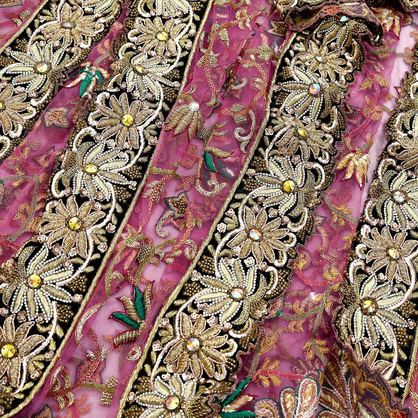 Indian Vintage Heavy Wedding Pink Net/Mesh/ Velvet Hand Embroidered Dupatta Designer By Anamika Khanna Bridal Wear Dabka Zardozi Veil Hijab