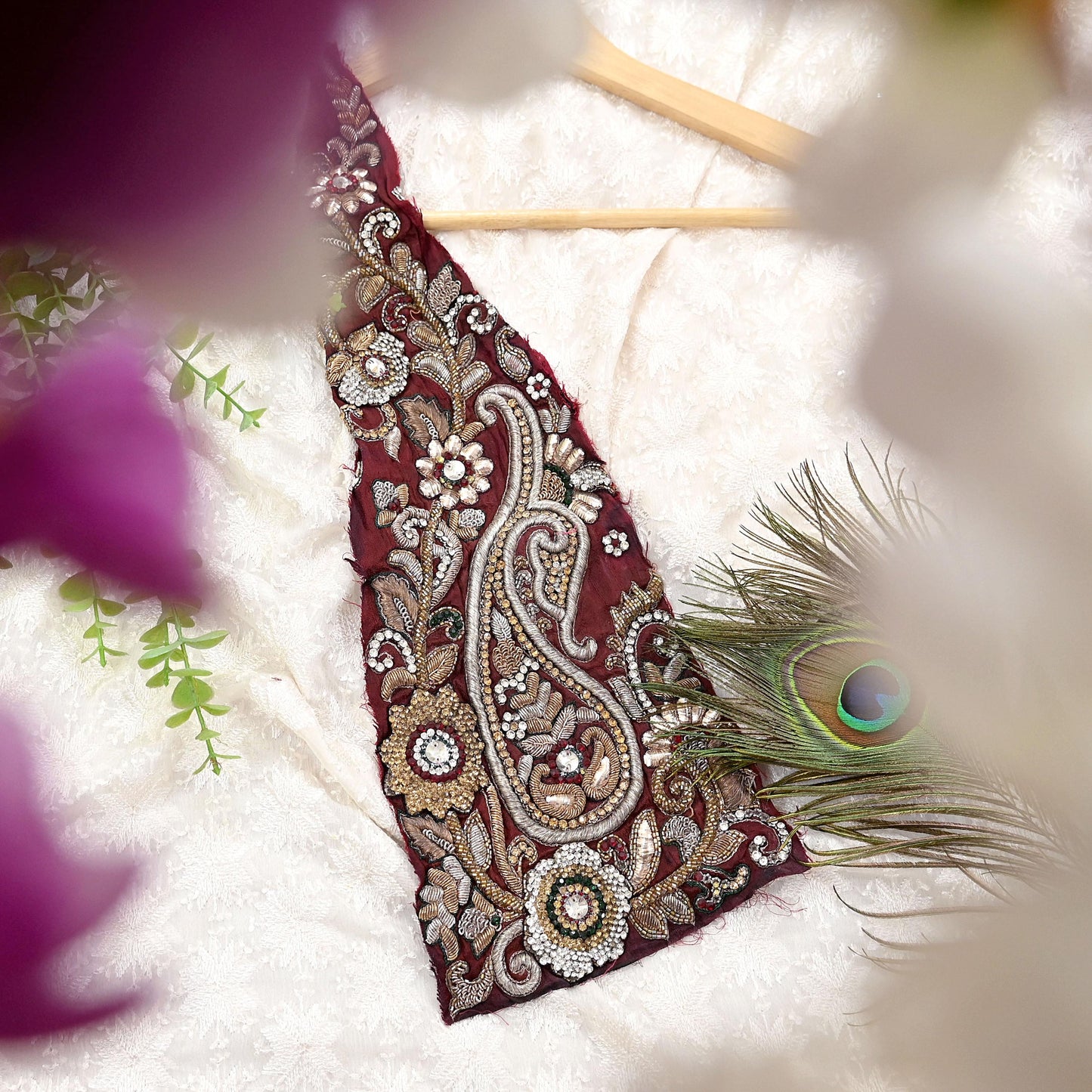 Indian Vintage Maroon Chanderi Appliques  Set of 1 | Hand-Embroidered Floral Patches with Zardozi,Dabka, Zari,for Craft, Journals