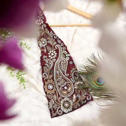 Indian Vintage Maroon Chanderi Appliques  Set of 1 | Hand-Embroidered Floral Patches with Zardozi,Dabka, Zari,for Craft, Journals