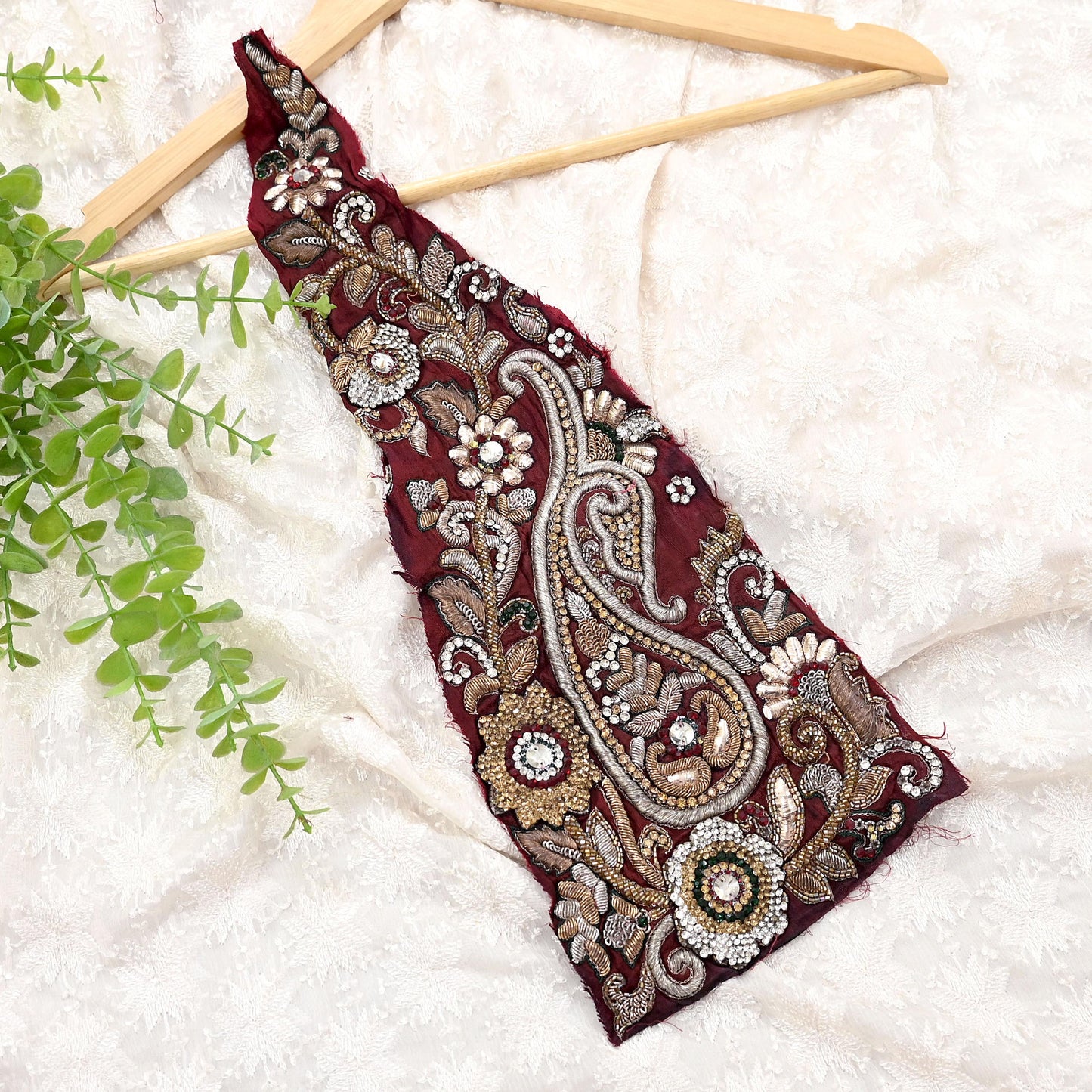 Indian Vintage Maroon Chanderi Appliques  Set of 1 | Hand-Embroidered Floral Patches with Zardozi,Dabka, Zari,for Craft, Journals