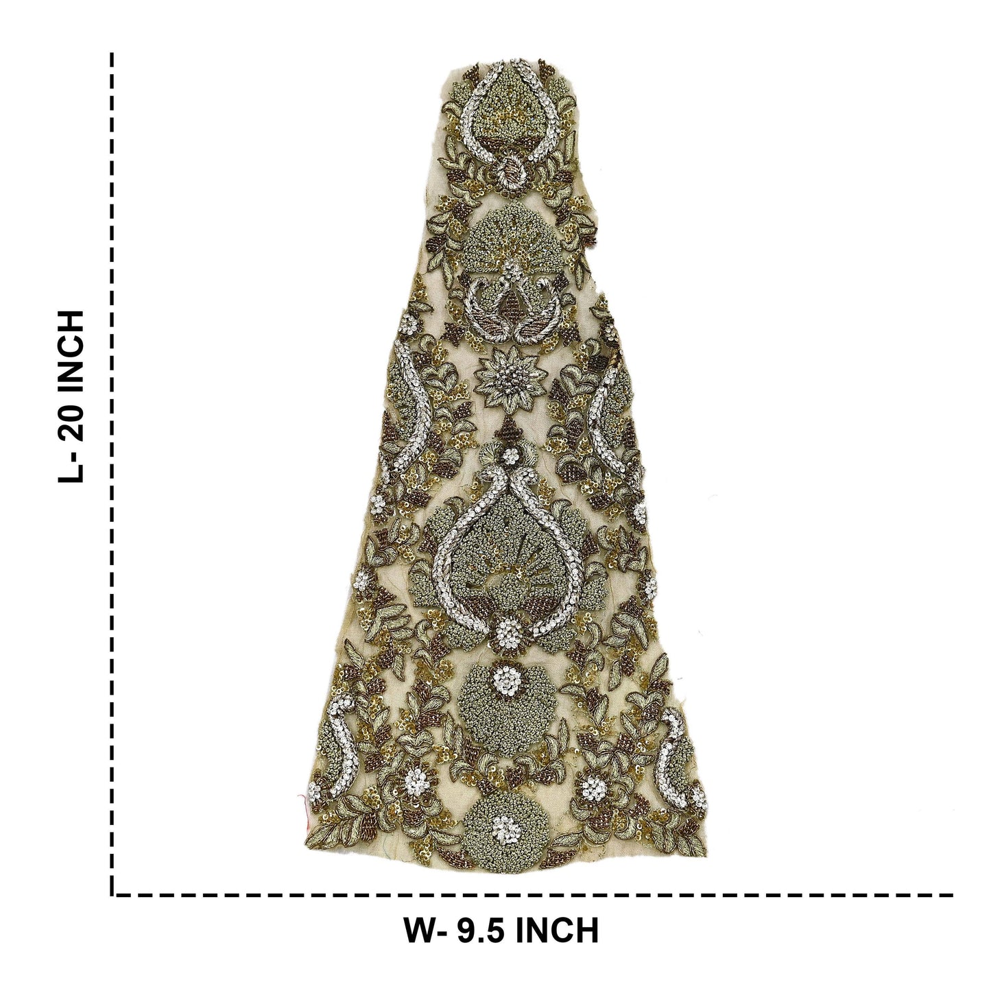 Indian Vintage Green Net/Mesh Appliques  Set of 1 | Hand-Embroidered Floral Patches with Zardozi,Dabka, Zari,for Craft, Journals