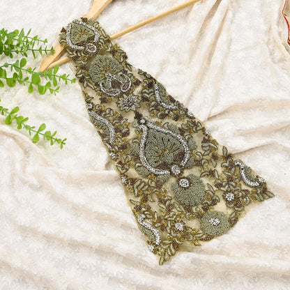Indian Vintage Green Net/Mesh Appliques  Set of 1 | Hand-Embroidered Floral Patches with Zardozi,Dabka, Zari,for Craft, Journals