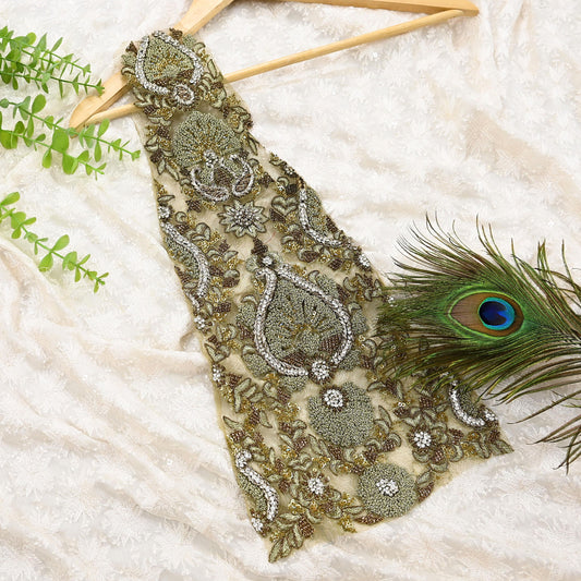 Indian Vintage Green Net/Mesh Appliques  Set of 1 | Hand-Embroidered Floral Patches with Zardozi,Dabka, Zari,for Craft, Journals