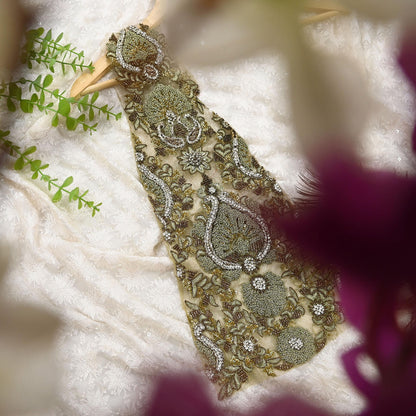 Indian Vintage Green Net/Mesh Appliques  Set of 1 | Hand-Embroidered Floral Patches with Zardozi,Dabka, Zari,for Craft, Journals