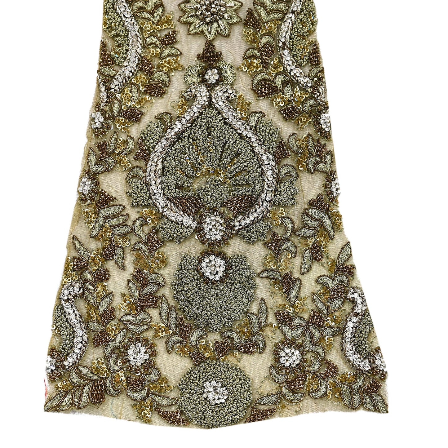 Indian Vintage Green Net/Mesh Appliques  Set of 1 | Hand-Embroidered Floral Patches with Zardozi,Dabka, Zari,for Craft, Journals