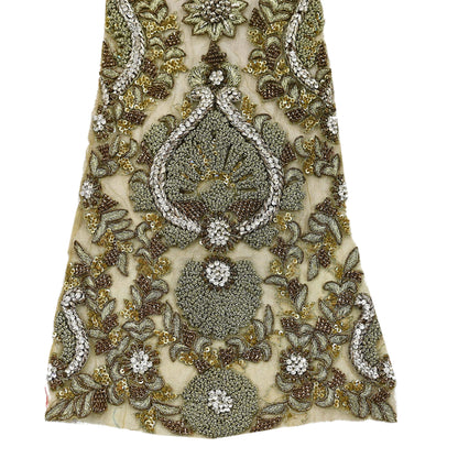 Indian Vintage Green Net/Mesh Appliques  Set of 1 | Hand-Embroidered Floral Patches with Zardozi,Dabka, Zari,for Craft, Journals