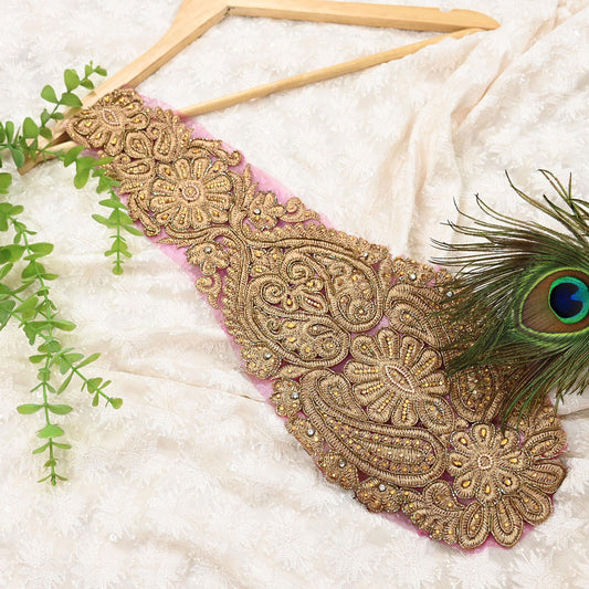 Indian Vintage Pink Net/Mesh Appliques  Set of 1 | Hand-Embroidered Floral Patches with Zardozi,Dabka, Zari,for Craft, Journals