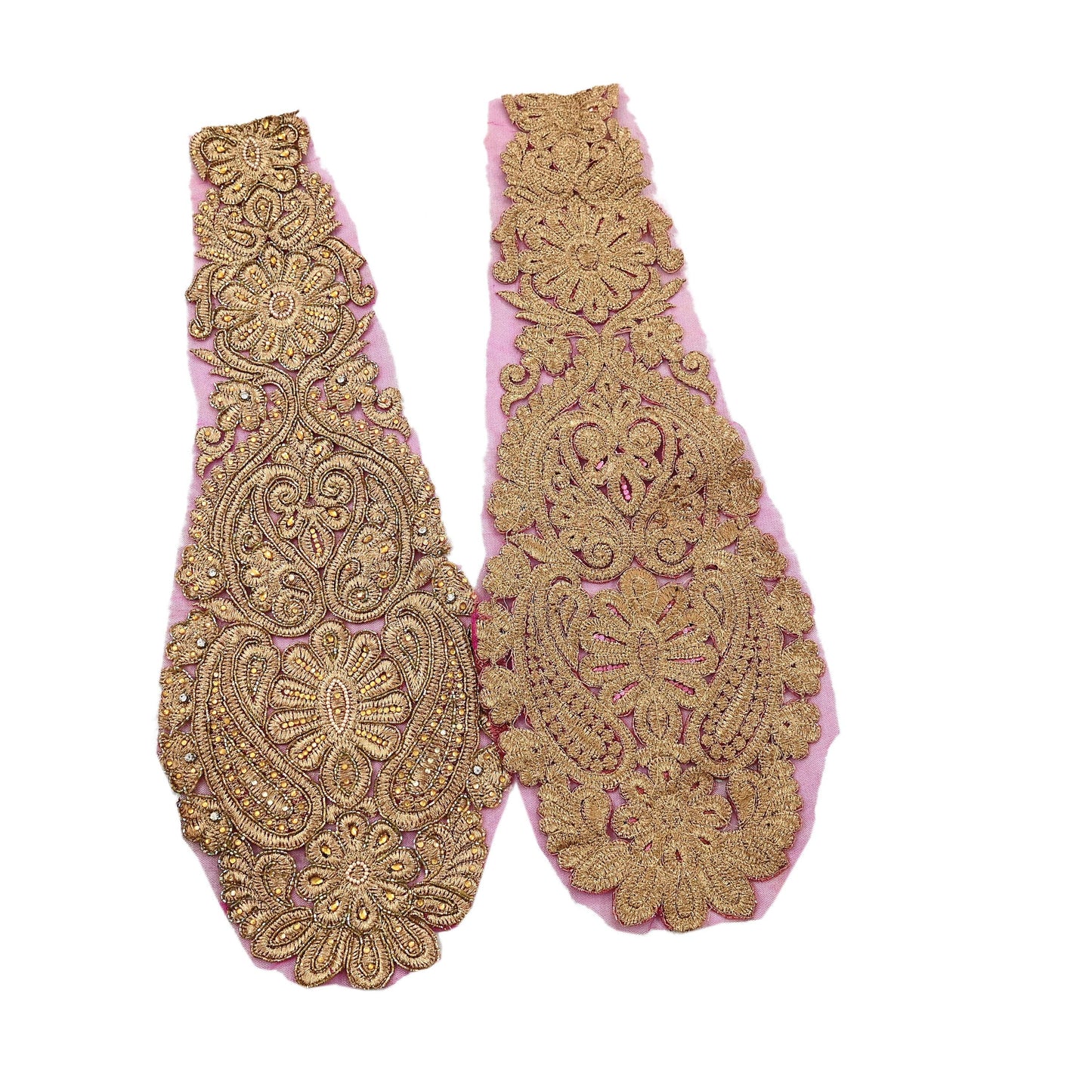 Indian Vintage Pink Net/Mesh Appliques  Set of 1 | Hand-Embroidered Floral Patches with Zardozi,Dabka, Zari,for Craft, Journals