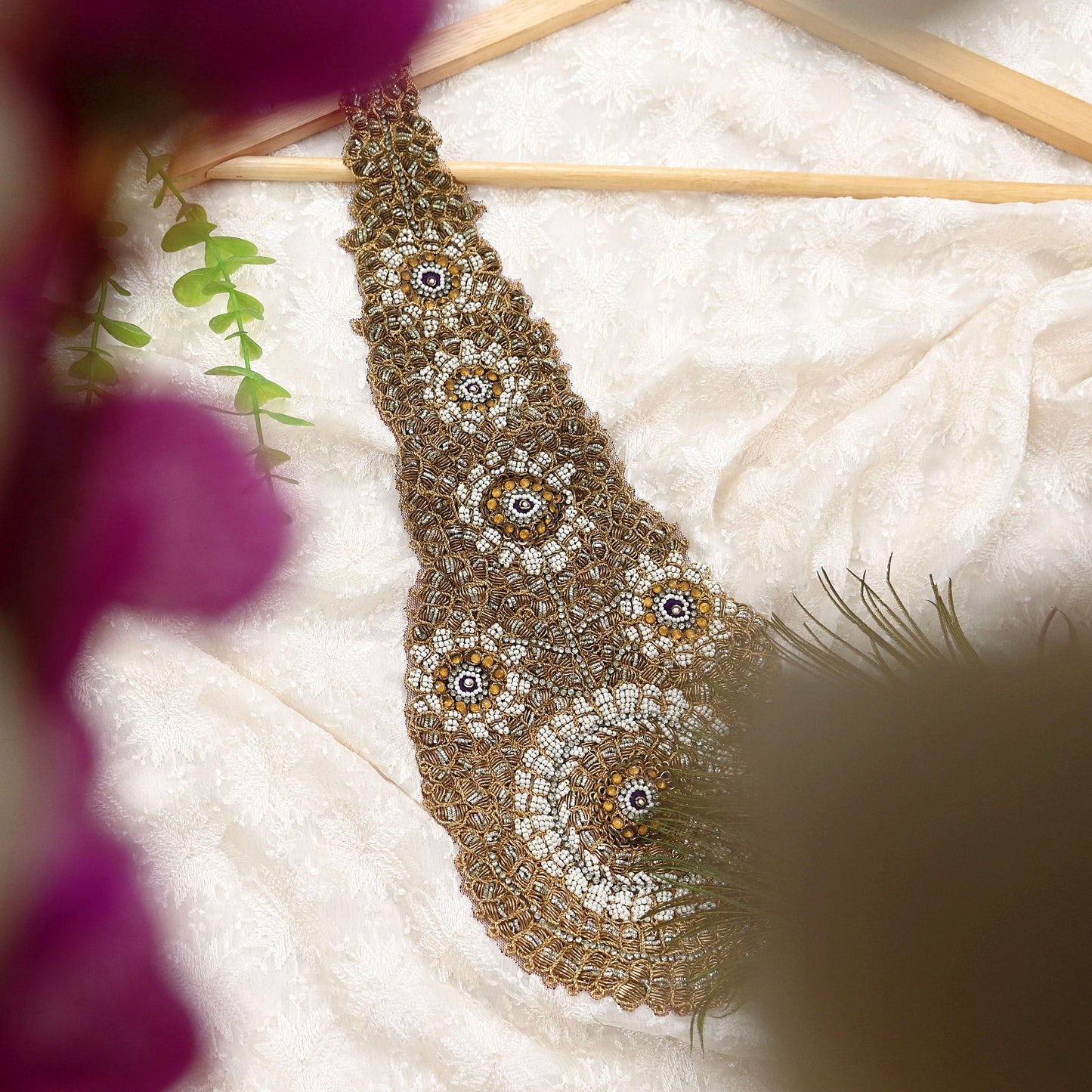 Indian Vintage Net/Mesh Appliques  Set of 1 | Hand-Embroidered Floral Patches with Zardozi,Dabka, Zari,for Craft, Journals