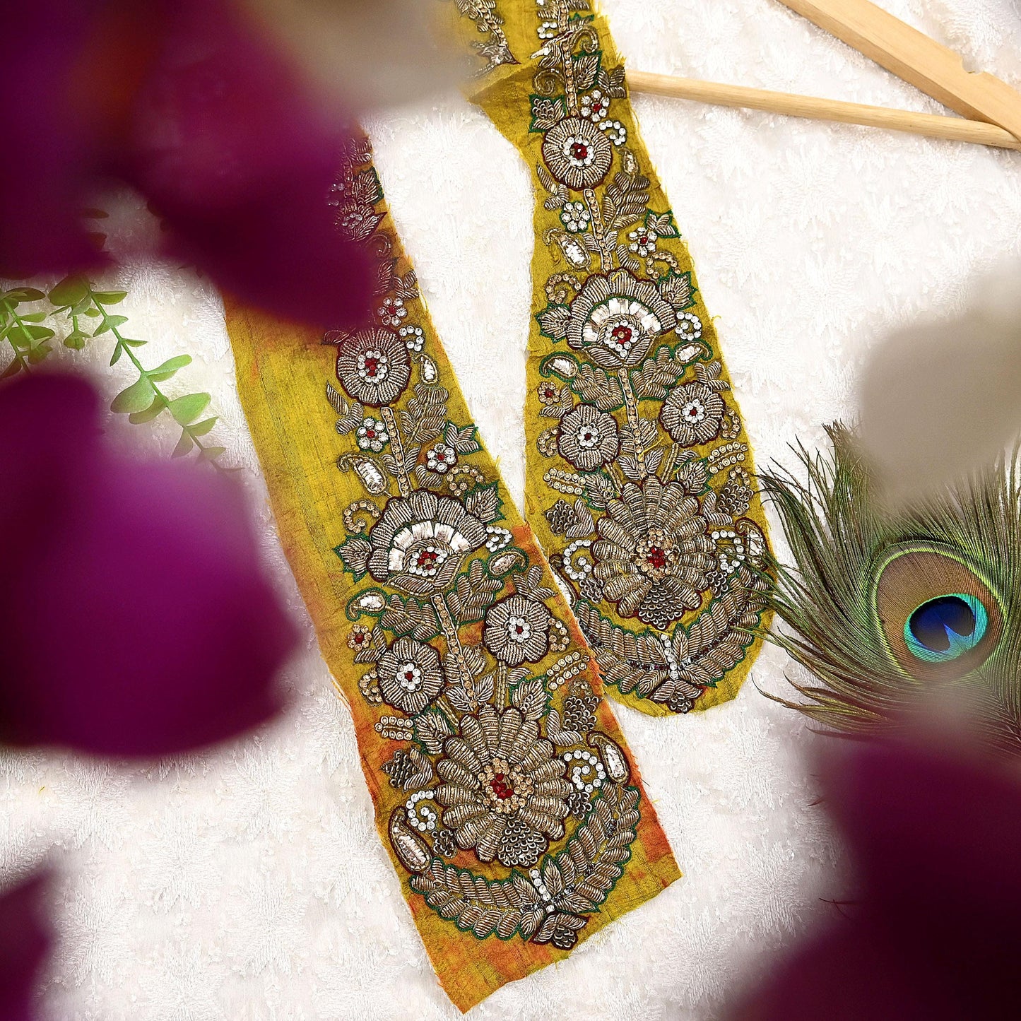 Indian Vintage Yellow Chanderi Appliques  Set of 2 | Hand-Embroidered Floral Patches with Zardozi,Dabka, Zari,for Craft, Journals