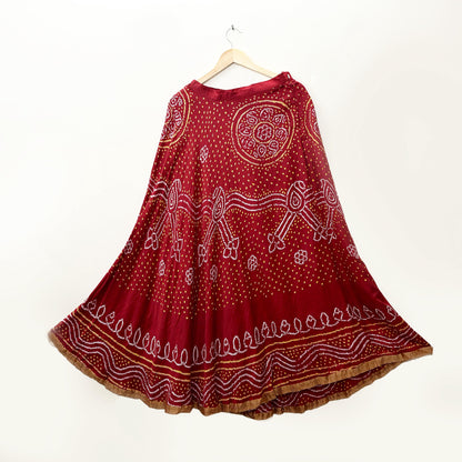 Indian Vintage red Pure satin silk Bandhani printed Lehenga/Skirt garba night Wear