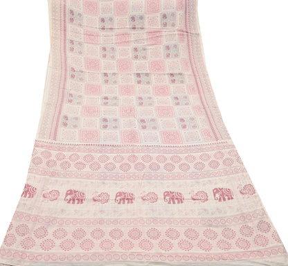 Indian Vintage Sari Ivory Printed Pure Cotton Sarees 5Yd Craft Fabric Soft Sewing Sarong Wrap Boho Upcycle quilting Dress making