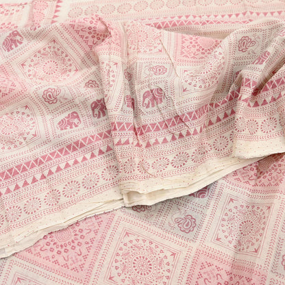 Indian Vintage Sari Ivory Printed Pure Cotton Sarees 5Yd Craft Fabric Soft Sewing Sarong Wrap Boho Upcycle quilting Dress making