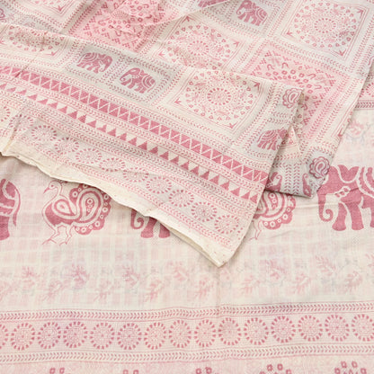 Indian Vintage Sari Ivory Printed Pure Cotton Sarees 5Yd Craft Fabric Soft Sewing Sarong Wrap Boho Upcycle quilting Dress making