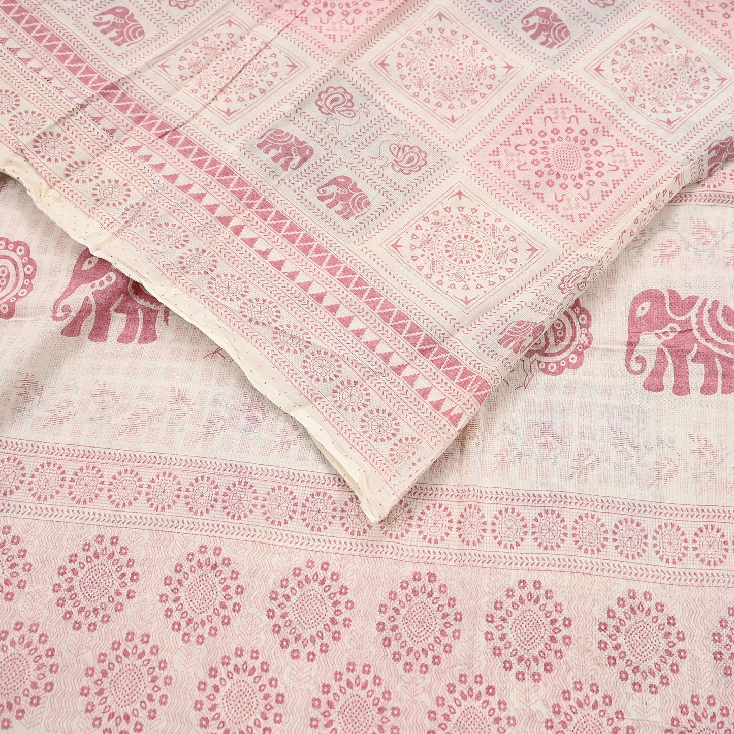 Indian Vintage Sari Ivory Printed Pure Cotton Sarees 5Yd Craft Fabric Soft Sewing Sarong Wrap Boho Upcycle quilting Dress making