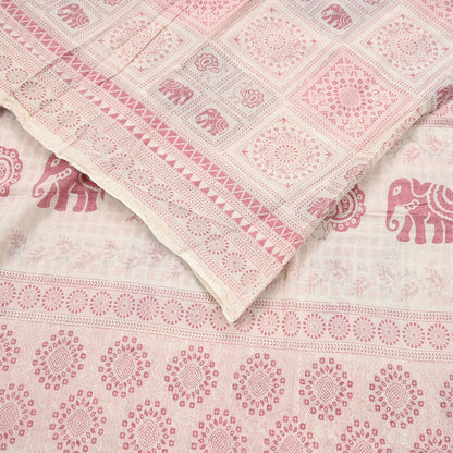 Indian Vintage Sari Ivory Printed Pure Cotton Sarees 5Yd Craft Fabric Soft Sewing Sarong Wrap Boho Upcycle quilting Dress making