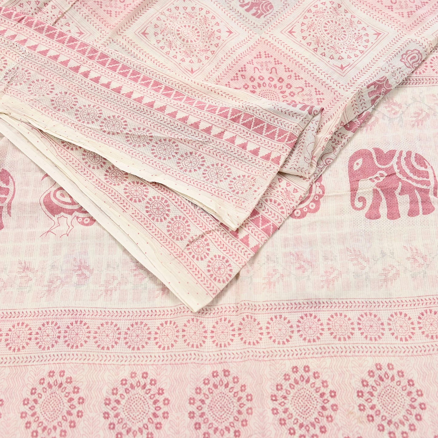 Indian Vintage Sari Ivory Printed Pure Cotton Sarees 5Yd Craft Fabric Soft Sewing Sarong Wrap Boho Upcycle quilting Dress making