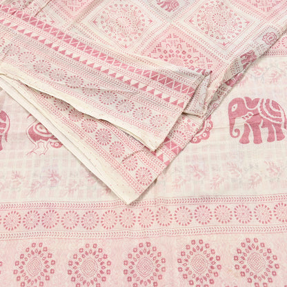 Indian Vintage Sari Ivory Printed Pure Cotton Sarees 5Yd Craft Fabric Soft Sewing Sarong Wrap Boho Upcycle quilting Dress making