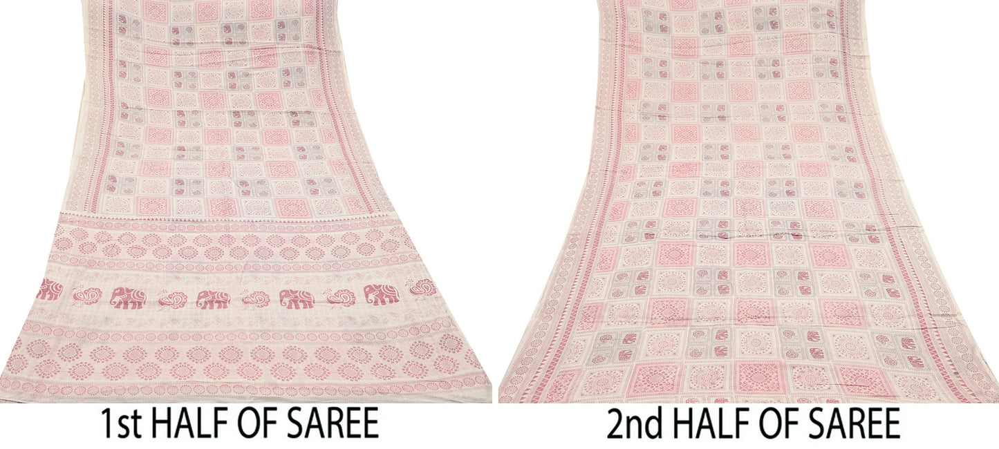 Indian Vintage Sari Ivory Printed Pure Cotton Sarees 5Yd Craft Fabric Soft Sewing Sarong Wrap Boho Upcycle quilting Dress making