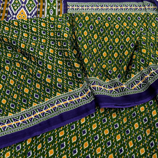 Indian Vintage Sari Blue & Green Pure Cotton Printed Sarees Craft Fabric 5Yd Soft Sewing Sarong Wrap Boho Floral Quilting Upcycle Crafting