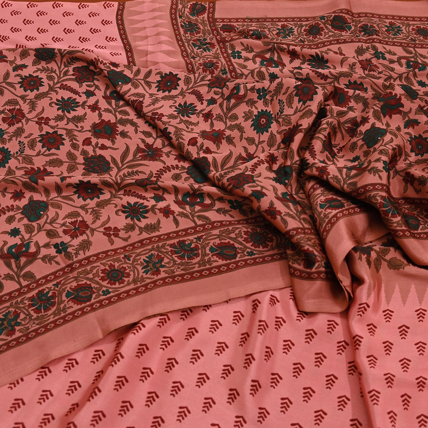 Indian Vintage Sari Peach Moss Crepe Printed Sarees 6yd Craft Fabric Sewing Floral Soft Dress making Quilting Crafting Upcycle Used