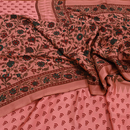 Indian Vintage Sari Peach Moss Crepe Printed Sarees 6yd Craft Fabric Sewing Floral Soft Dress making Quilting Crafting Upcycle Used