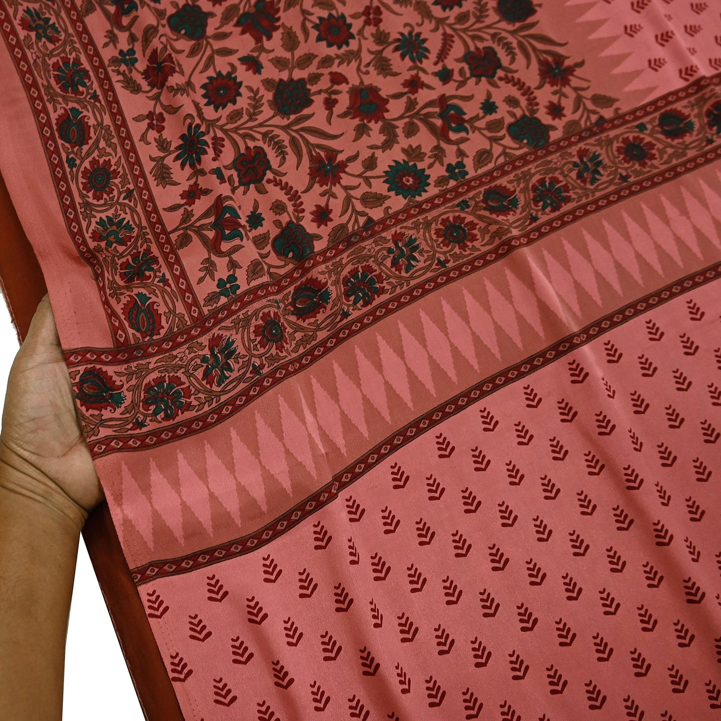 Indian Vintage Sari Peach Moss Crepe Printed Sarees 6yd Craft Fabric Sewing Floral Soft Dress making Quilting Crafting Upcycle Used