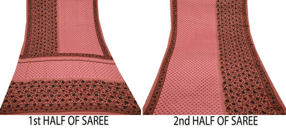 Indian Vintage Sari Peach Moss Crepe Printed Sarees 6yd Craft Fabric Sewing Floral Soft Dress making Quilting Crafting Upcycle Used