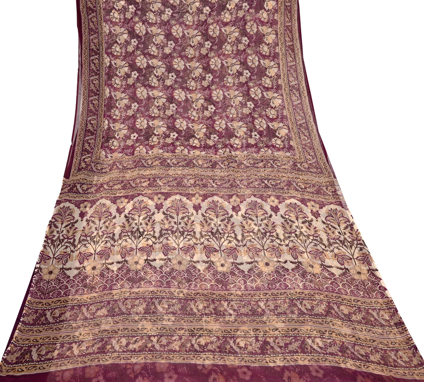 Indian Vintage Sari Maroon & Beige Pure Chiffon Silk Printed Sarees Craft Fabric Sewing 5Yard Soft Dress Making Quilting Upcycle Crfating
