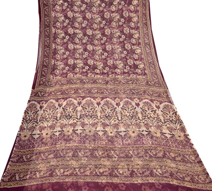 Indian Vintage Sari Maroon & Beige Pure Chiffon Silk Printed Sarees Craft Fabric Sewing 5Yard Soft Dress Making Quilting Upcycle Crfating